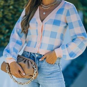 V neck gingham button down knit cardigan